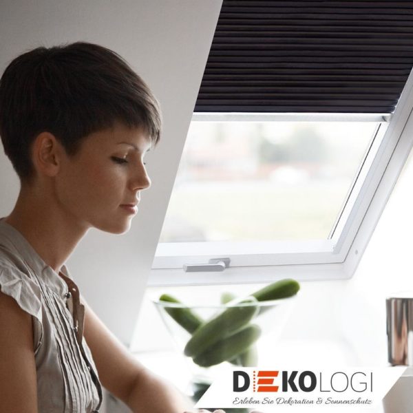 Dame am Velux Wabenplissee DuoLine schwarz