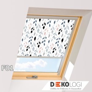 Weißes Dachfensterrollo mit silbernen Schienen Dekor F02